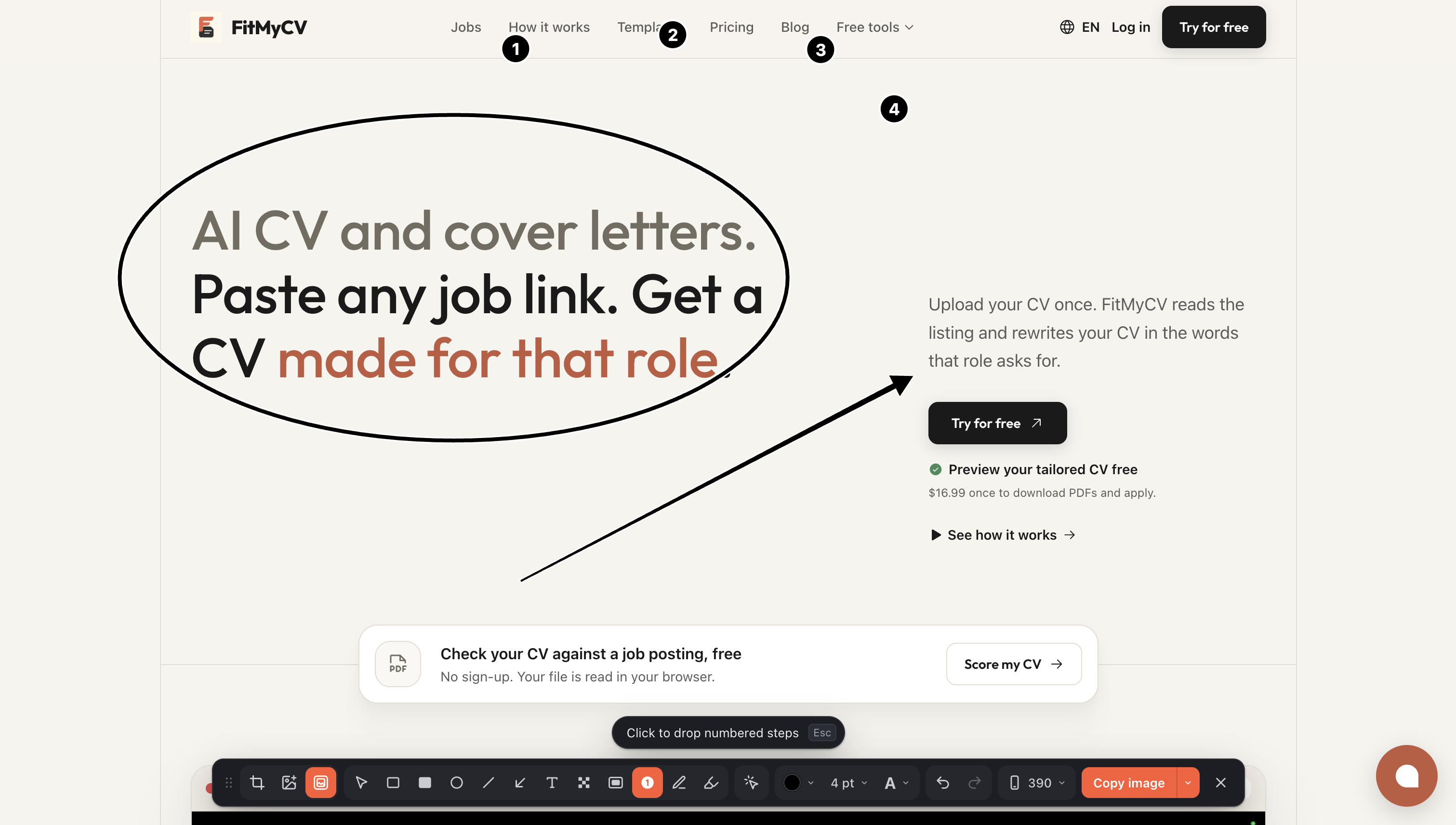 A landing page marked up with a circle, an arrow and numbered steps, with the Circle to Fix toolbar below