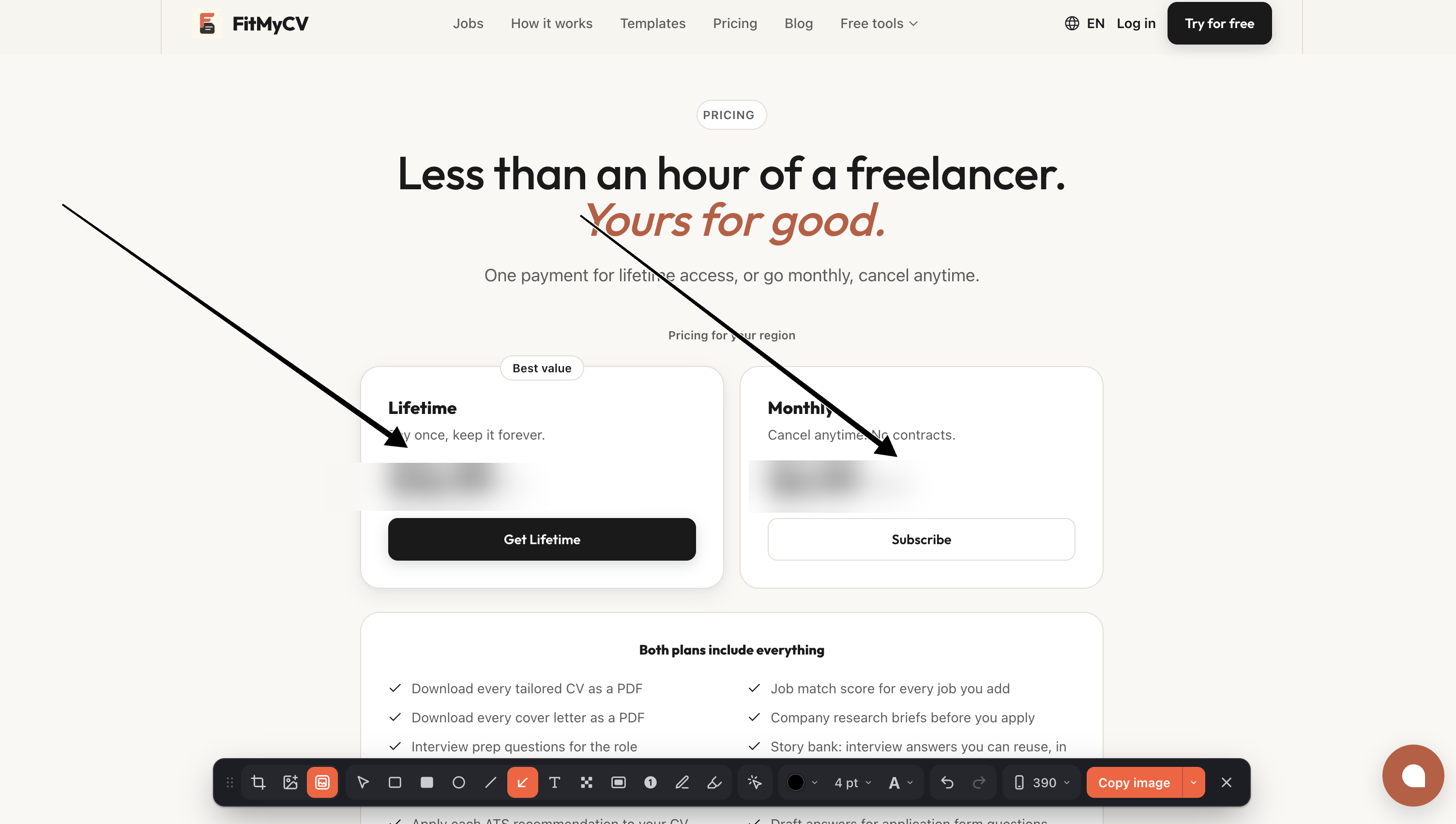 A pricing page with arrows pointing at each plan and the prices blurred